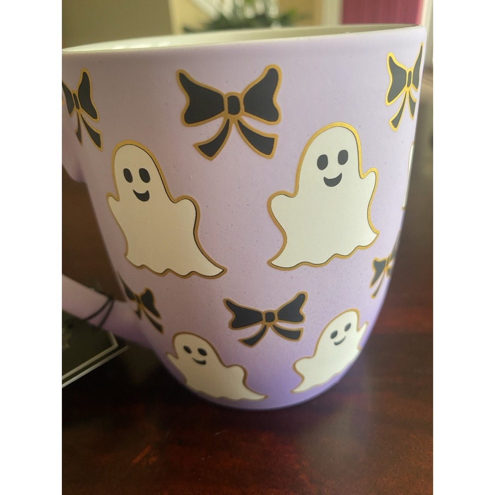 COBWEBS & CAULDRONS GHOSTS & BLACK BOWS PURPLE SOFT TOUCH COFFEE MUG HALLOWEEN